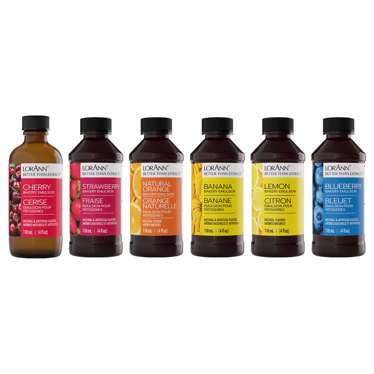LorAnn Oils Bakery Emulsion Baker's Fruity Variety Pack - Cherry, Strawberry, Natural Orange, Banana, Lemon and Blueberry - 4 ounce bottles